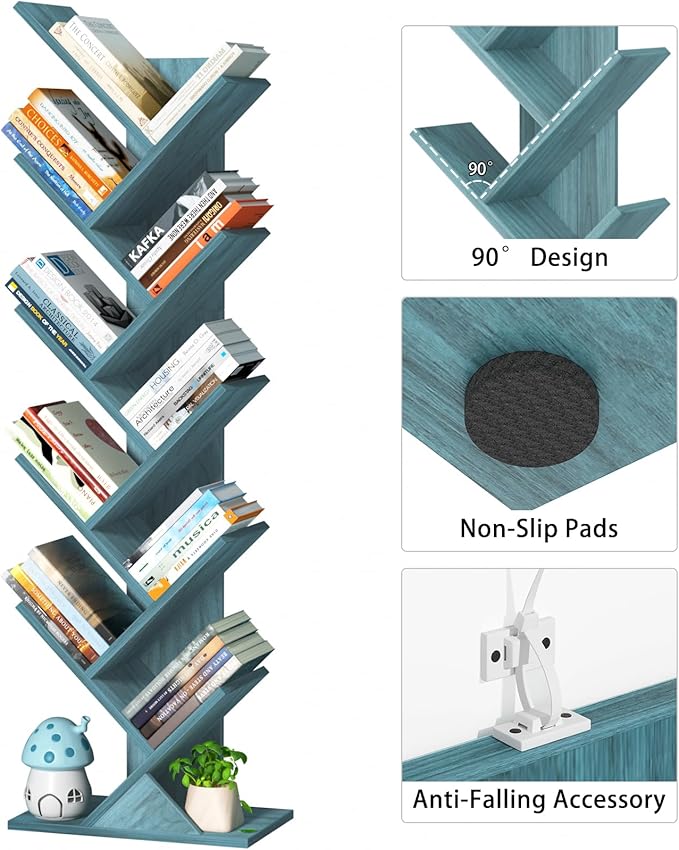 SHEEPAM 10 Tier Tree Book Shelf, Floor Standing Wood Bookshelf for Narrow Space, Storage Organizer Bookshelves for Books/CDs/Magazine, Bookcase with Shelves for Home Office, Living Room - Blue
