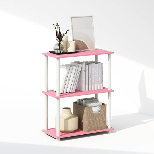 Furinno Turn-N-Tube Book Shelf, 3-Tier Bookshelf, Bookcase with Multipurpose Compact Display Rack, 11.6 x 23.6 x 29.6, for Living Room, Bedroom, Home Office, Pink/White