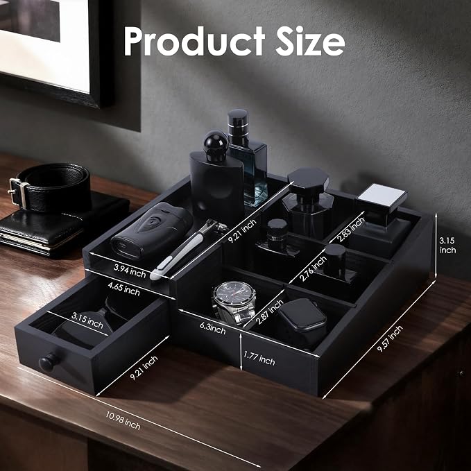 Organizer for Men,Bathroom Countertop Organizers,Perfume Organizer,Cologne Organizers,Bathroom Storage,Perfume Stand,Dresser Organizer,Desk Organizer,Gifts for Men,Adjustable Partition(Black)