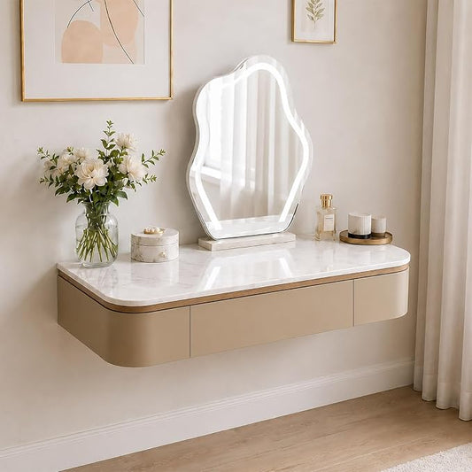 Floating Makeup Vanity Desk With Drawers Wall Mounted Makeup Table With Storage Fully Assembled Floating Vanity Desk Space Saving Modern Dressing Table For Bedroom Closet(Khaki Marble,31.5")