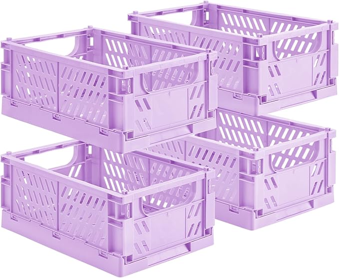 HUUSMOT 4-Pack Small Pastel Plastic Storage Baskets, Collapsible Crates for Organizing, Space-Saving Mini Bins for Classroom, Kitchen, Office, Bedroom (Purple, 9.8" x 6.5" x 3.8")