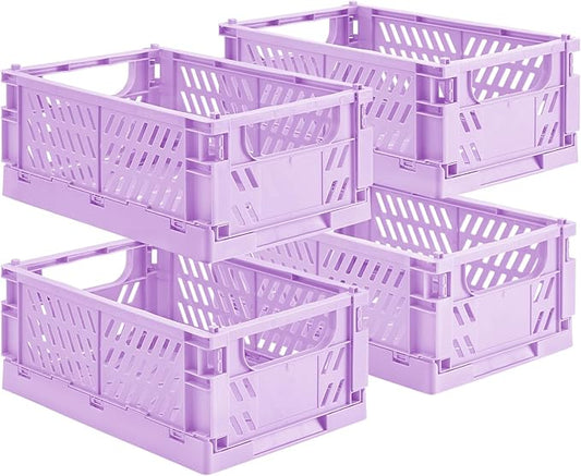 HUUSMOT 4-Pack Small Pastel Plastic Storage Baskets, Collapsible Crates for Organizing, Space-Saving Mini Bins for Classroom, Kitchen, Office, Bedroom (Purple, 9.8" x 6.5" x 3.8")