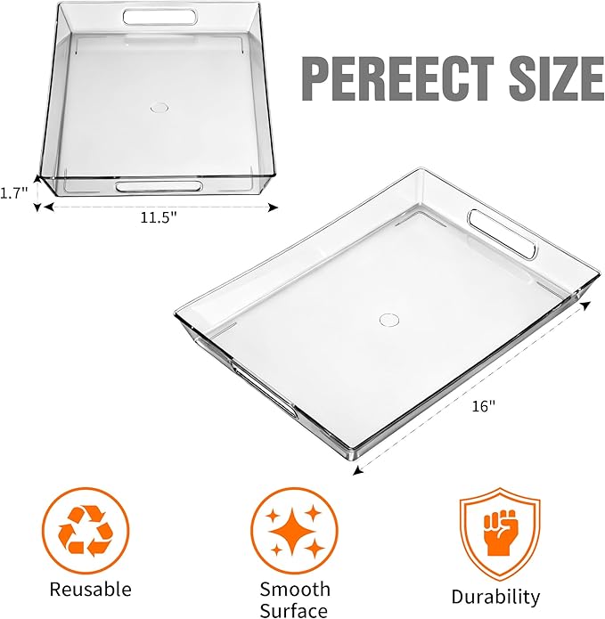 Clear Plastic Serving Tray with Handles, BPA-Free Storage Organizer Tray - Large Serving Trays 16"x11.5" Reusable Serving Platters for Appetizer, Fruit, Kitchen, Desk & Serving Tray for Party Supplies
