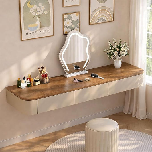 Floating Makeup Vanity Desk With Drawers Wall Mounted Makeup Table With Storage Fully Assembled Floating Vanity Desk Space Saving Modern Dressing Table For Bedroom Closet(Walnut Khak,23.6")