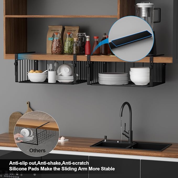 AmonHouseware 2 Pack Hanging Under Shelf Storage Basket,Adjustable Under Cabinet Add-on Storage Racks Slide-in Baskets Organizer for Laundry Room Kitchen Pantry Desk Bookshelf, Black