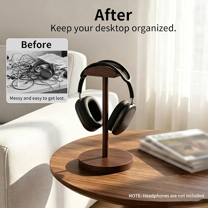 Headphone Stand Nature Wood Headset Hanger Mount Hook Gaming Holder Desktop Earphone Artful Functional Stand for All Headsets with Solid Wooden Base