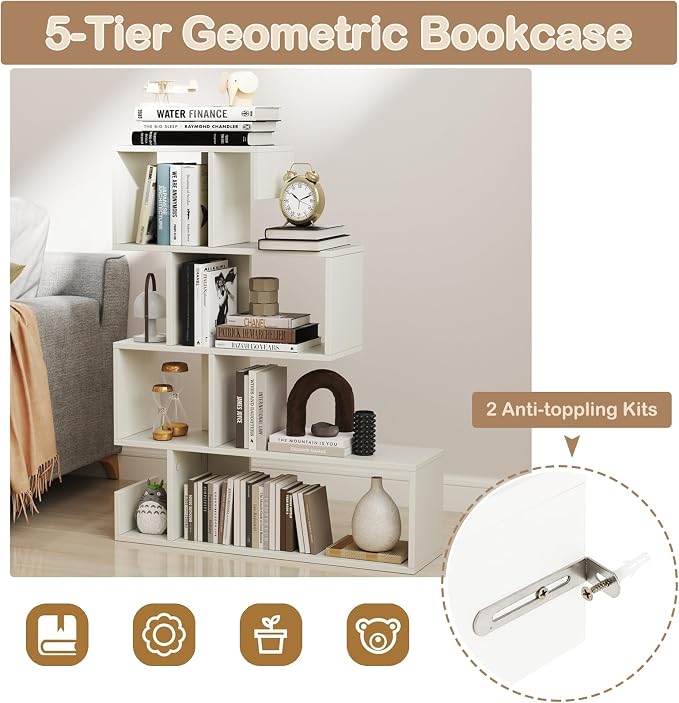 5 Tier Geometric Bookshelf, S-Shaped Z Shelf Bookshelves and Bookcases, Modern Decorative Storage Shelving, Wooden Display Bookcase for Living Room Home Office (White)