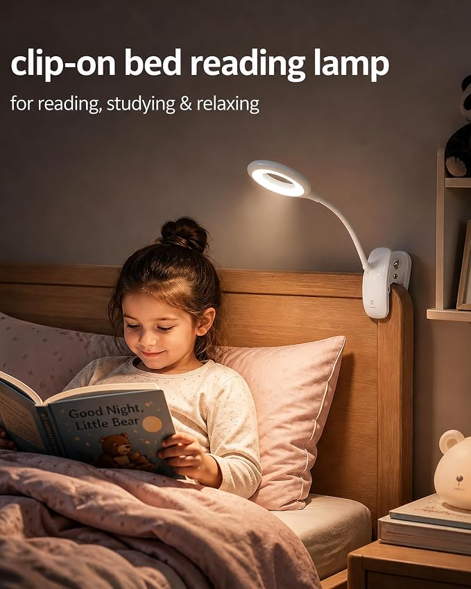 Clip On Reading Light for Bed Headboard, USB Rechargeable Cordless Clamp Lamp for Dorm Room Essentials, Touch Dim, 3 Colors, Eye Protect LED Desk Lamp for College Dorm Room, Gooseneck,White