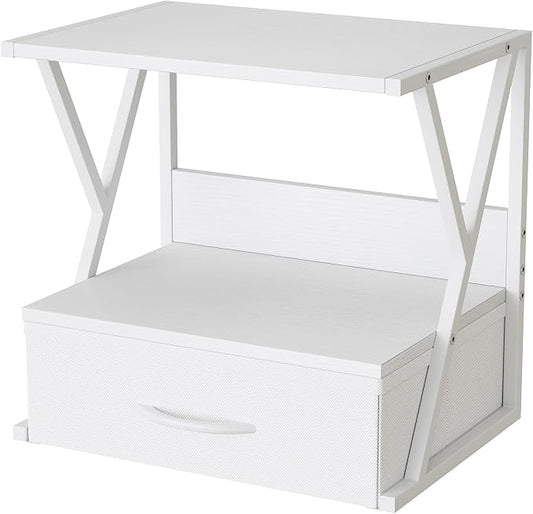 aboxoo Printer Stand for Desk with Storage Drawer, 2 Tier Desktop Or UnderDesk Shelf, Multi-Purpose Desk Organizer for Home Office, fit Fax Machine/3D Printer/Scanner, White
