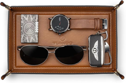 VLANDO Valet Tray Organizer, PU Leather Catchall Tray for Essentials | PU Leather Catchall Tray for Keys, Wallet, Watch, Phone, Coins and Glasses