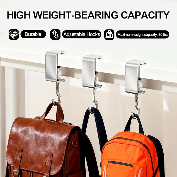 8 PCS Desk Hook Table Clamp Hooks Hanging Bag Backpack, Heavy Duty Metal Shelf Hooks, Adjustable Desktop Mounting Hook (8 pcs)