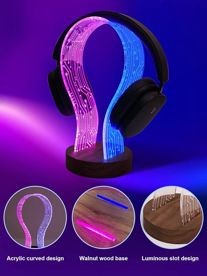 YuanDian Headphone Stand, Walnut Wood Headset Holder with Blue Pink LED Night Light for Gamers, Men, and Music Lovers - Perfect Desk Gift Idea