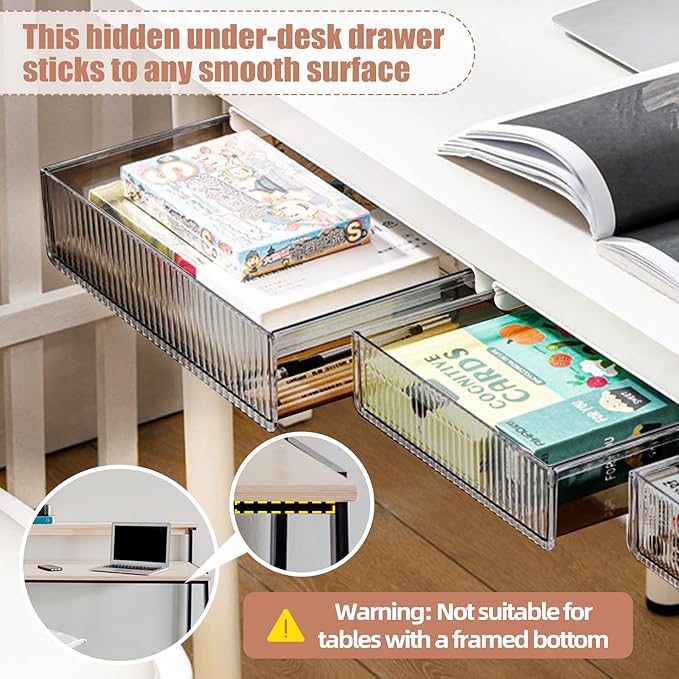 2Pcs Under Desk Storage Drawers Slide Out,Large&Medium, Stick On Desk Drawer Organizer Hidden Under Table Drawer for Home Office School Organization and Storage-Transparent Black