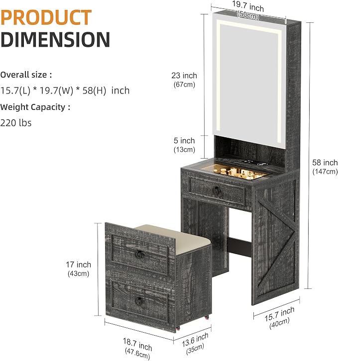 Gurexl 3 in 1 Small Vanity Desk with Lights and Mirror,Tall Lighted Compact Vanity with Charging Station,Makeup Vanity Set with Jewelry Armoire,Glass Top,Wheeled Stool,3 Drawers, Rustic Oak