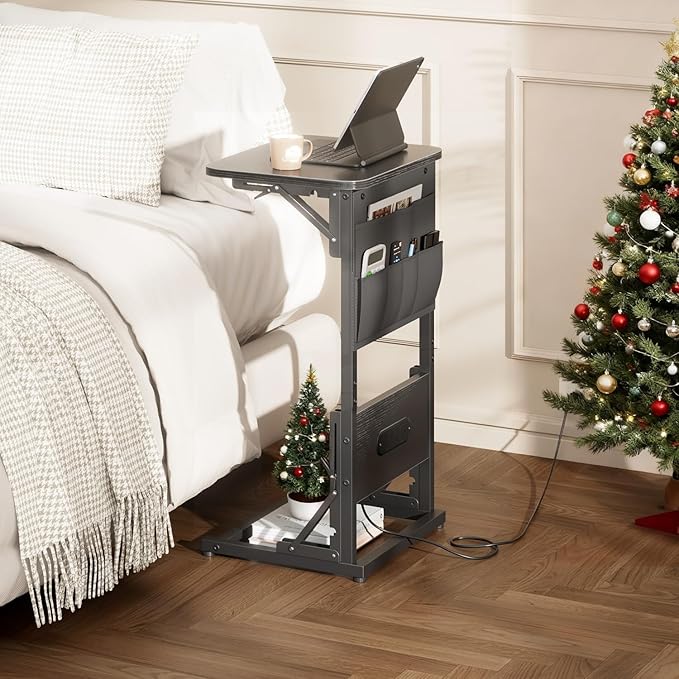 HLDIRECT C Shaped End Table with Charging Station, Couch Side Table with Storage Bag, Foldable TV Tray with 2 USB Ports and Outlets for Living Room, Bedroom, Black