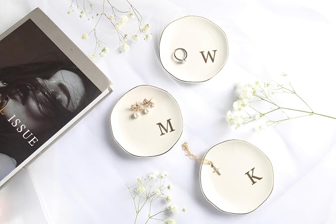 Ceramic Jewelry Tray Ring Dish Personalized O-Monogrammed Engagement Wedding Gifts, for Birthday Mother's Day for Women, Ceramic White 4.75" (O)