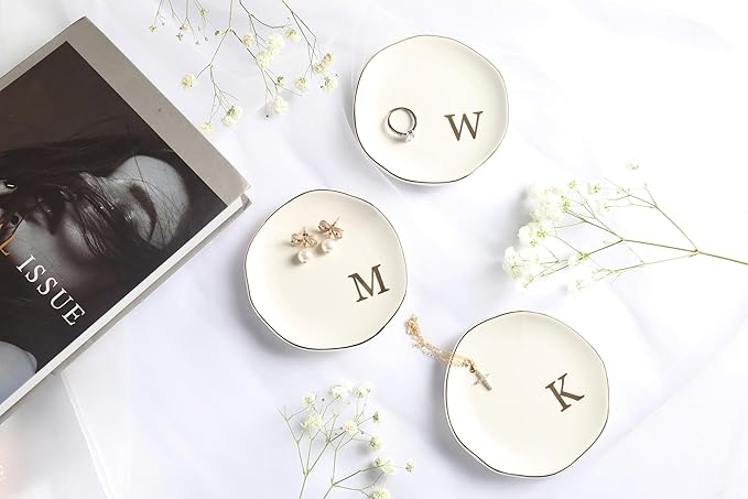 Ceramic Jewelry Tray Ring Dish Personalized E-Monogrammed Engagement Wedding Gifts, for Birthday Mother's Day for Women, Ceramic White 4.75" (E)