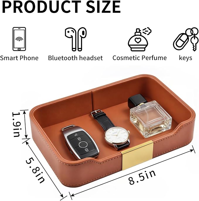 Luxury Leather Valet Tray Desktop Storage Organizer,Bedside Vanity Catchall Tray Nightstand Caddy Holder for Cosmetic,Jewelry,Watch,Keys,Phone,Wallet,Remote Controller,Pen,Orange