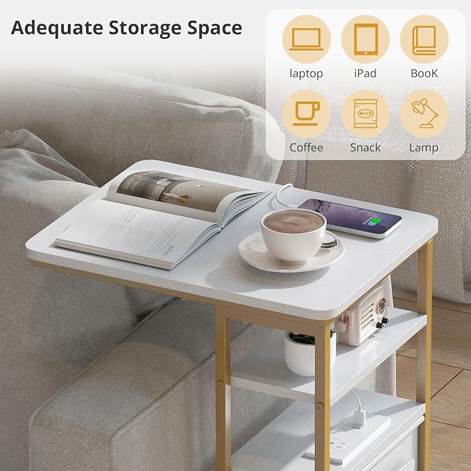 C Shaped End Table with Charging Station, 28"(H) 3-Tier C Table with Storage Bag, Under Couch Table C-Shaped End Table with Storage Shelves and Bag for Living Room, Bedroom, or Office