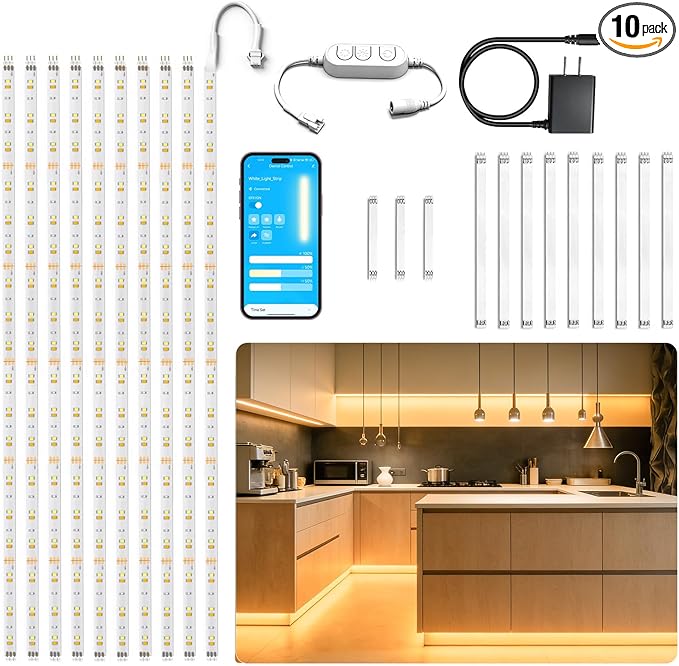 DAYBETTER Under Cabinet Lighting, 10 PCS Under Cabinet Lights, 2700K-6500K Tunable White LED Strip Lights with APP, Dimmer, 24V Power Adapter, LED Lights for Bedroom, Kitchen, Shelf, Counter, 16.4ft