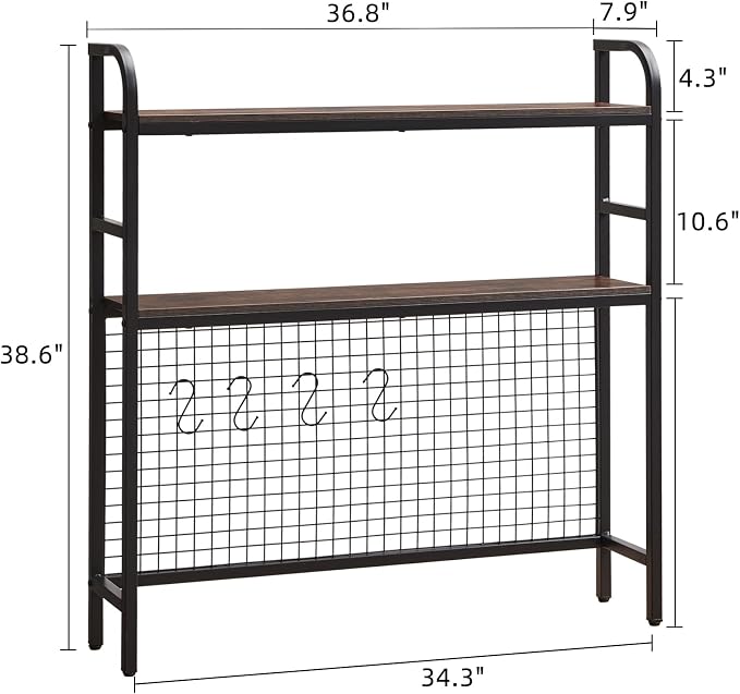 Desktop Hutch Shelf Organizer, 2-Tier Metal & MDF Desk Bookshelf with Grid Panel and Hooks for Office & Dorm (Rustic Brown, 36.8")
