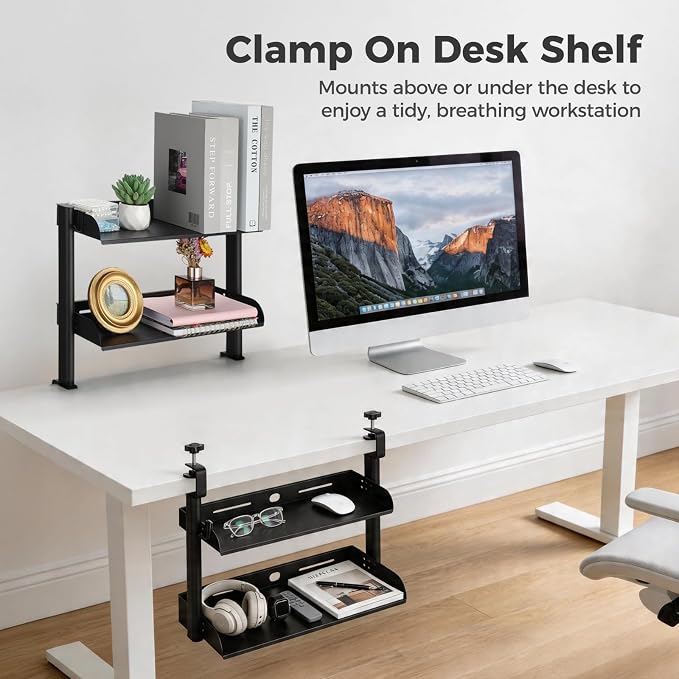 Clamp On Desk Shelf, 2-Tier Carbon Steel Storage Rack with Hooks, Adjustable Office Desk Organizer, No-Drilling C Clamp Desktop Shelf for Home, Office
