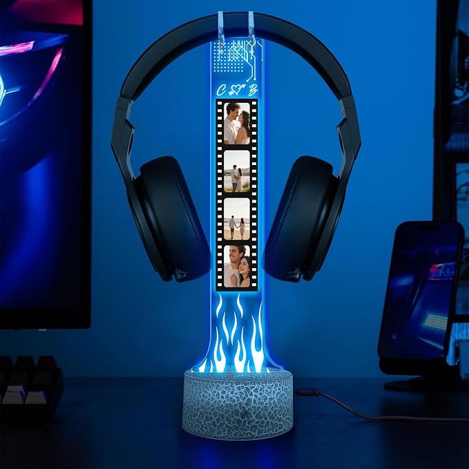 Personalized RGB LED Headphone, Custom Couple Photo Headset Holder, Gaming Decor Gift for Boyfriend, Valentines Day Gift for Him, Custom Couple Gifts, Gifts for Gamers, Photo Headphone