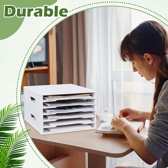 Juexica 6 Tier 8.5" x 11" Scrapbook Paper Organizer, White Cardstock File Organizer with Adjustable Shelves, Stackable Paper Trays, Desktop Storage Rack Document Holder for Desk Home Office