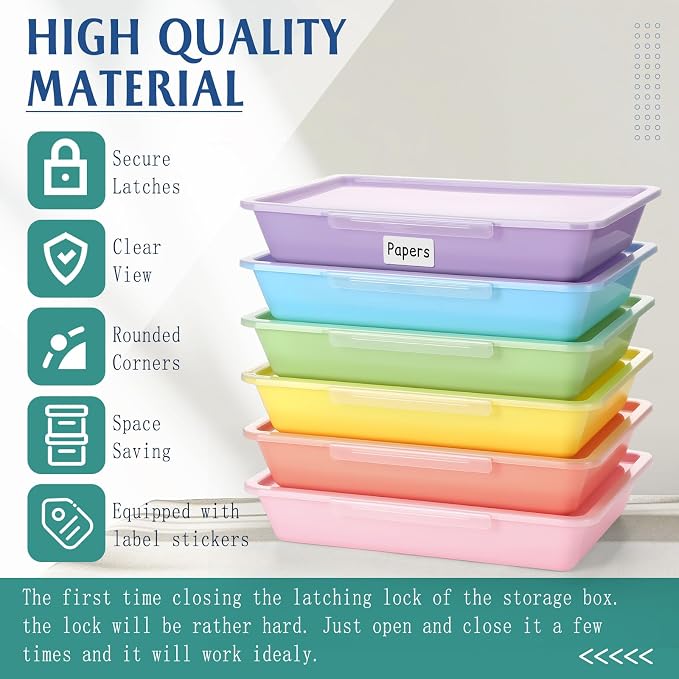 Tinlade 12 Pcs Classroom Paper Storage Bins with Clear Latching Lid, Label Stackable Letter Size Flat Tray Container for Teacher Back to School Supplies Home Office Desk Arts Crafts (Macaron,13x10in)