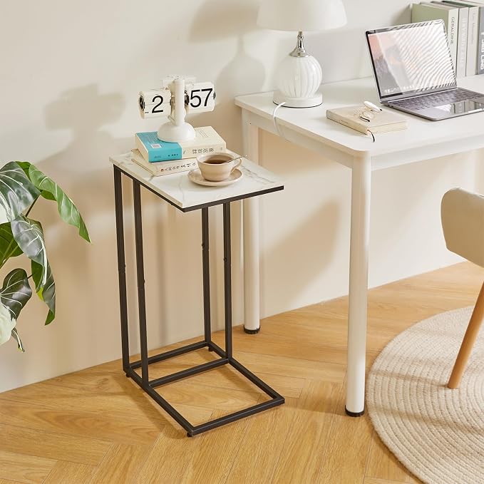 Aibiju Side Table Small End Table C Shaped, Slide Under Laptop Desk for Couch, Living Room Side Table, TV Trays for Eating on Couch, Faux Marble+Black YD-TM051B