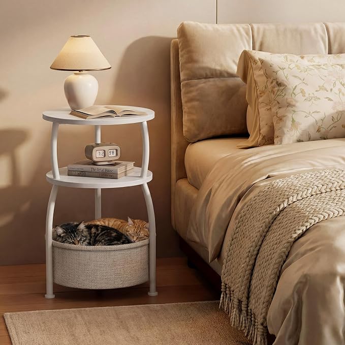 Round Side Table with Fabric Basket, Small Space Saving End Table 3-Tier Bedside Corner Table for Living Room, Bedroom, Garde Rustic Matte White 15.75in