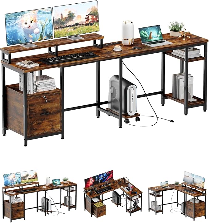 IDEALHOUSE Corner L-Shaped Computer Desk, Built-in Power Outlet & File Storage Drawer, with Monitor Shelf, Printer Storage, Mobile CPU Stand, for Home Office and Ergonomic Gaming Setup, Vintage Brown