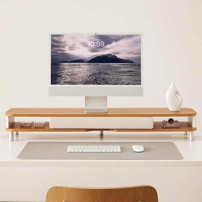 Fenge Monitor Stand with Large Drawer, 42.5 Inch Dual Monitor Riser for 2 Monitors, Ergonomic Computer Desk Shelf with Soft Touch Leather & Storage Organizer for Laptop, Computer, TV, PC, Printers