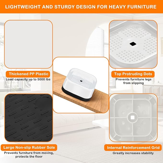 shouwuhho 16 Pack Furniture Risers Adjustable Bed Risers Heavy Duty Lifts Height 1", Square Stackable Bed Risers 1, 2 or 3 Inch for Desk Leg Table Couch Sofa Chair Bed Frame Legs Dorm, White