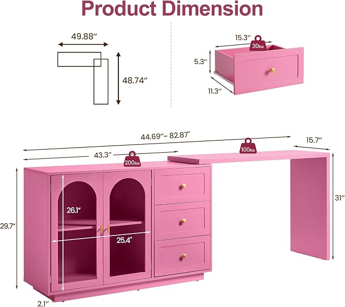 RoyalCraft 83" Makeup Vanity Desk, Pink Vanity Dresser, L Shaped Corner Vanity Table with 3 Drawer & 2 Door, Modern Extendable Dressing Table for Bedroom, Dressing Room, Small Space (Without Mirror)