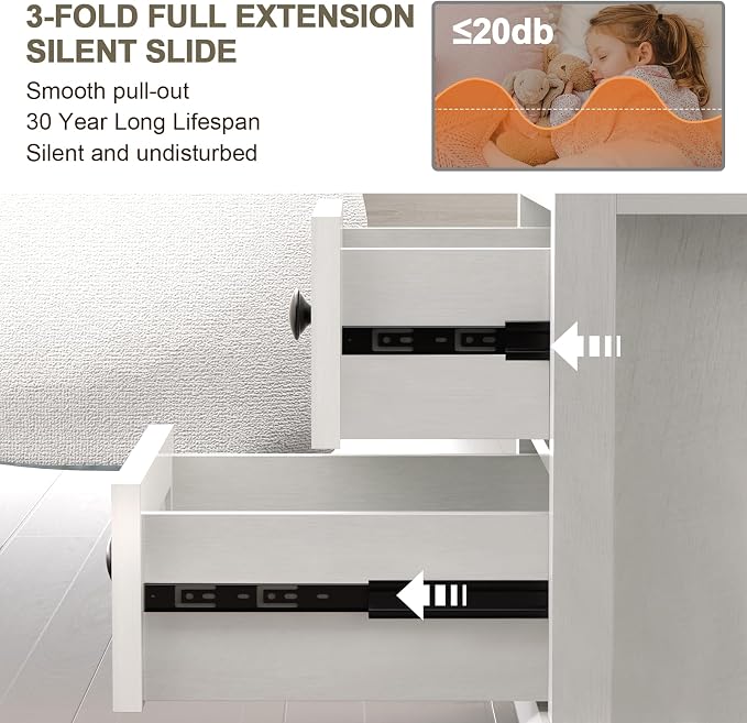 REDAYFUR End Table with Fast USB C Charging Station, 18" Wide Tall Sofa Side Table with 2 Drawers, Large Storage Rustic Wood Square Storage Cabinet for Living Room,Bedroom,Office, White