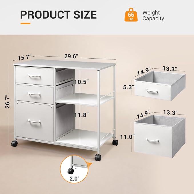 DEVAISE 3 Drawer Mobile File Cabinet, Rolling Printer Stand with Open Storage Shelf, Fabric Lateral Filing Cabinet fits A4 or Letter Size for Home Office, White