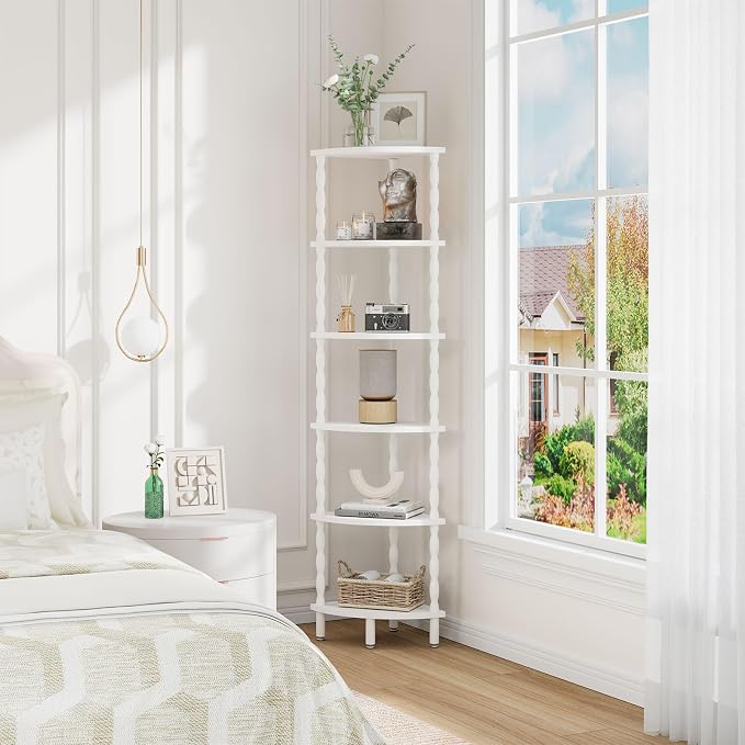IBUYKE 6-Tier Corner Shelf,Stylish Corner Bookshelf for Small Spaces,Industrial Corner Storage Display Shelves,Small Corner Table for Bedroom,Bathroom,Kitchen, White WBC021W