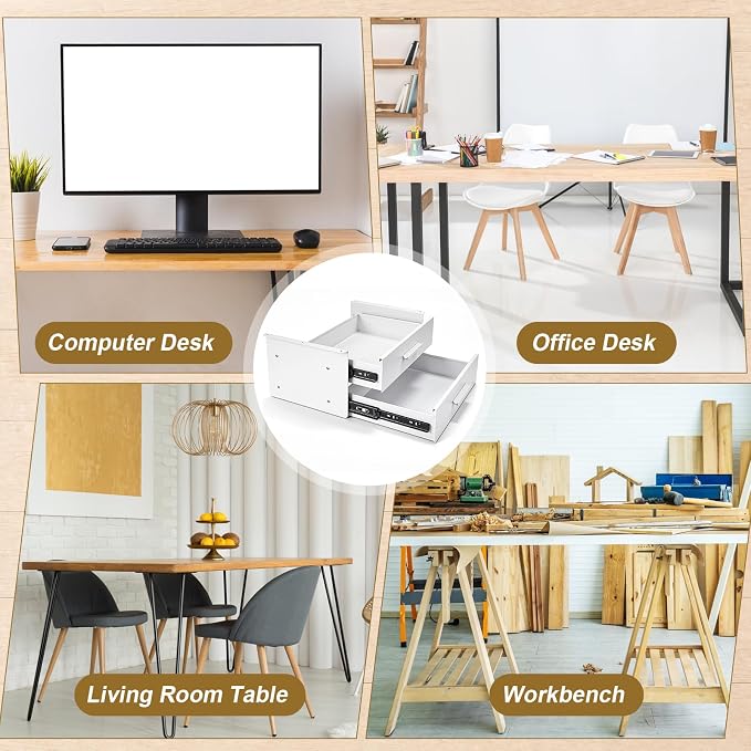 Menkxi 16'' Under Desk Drawer Slide-out Steel Under Counter Drawers Storage Organizer Large Hidden Pull-out Tray for Table Desks Home Office Workstation(White,2 Layer)