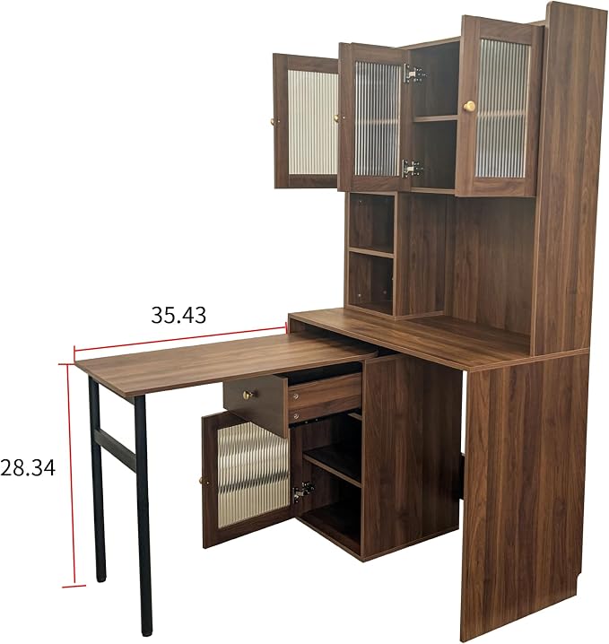 Computer Desk with Hutch and Rotating Desktop, Walnut Corner Study Desk with Glass Door Storage Cabinets and Fold Out Shelf for Home Office, Craft Cabinet with Fold Out Table (Walnut)