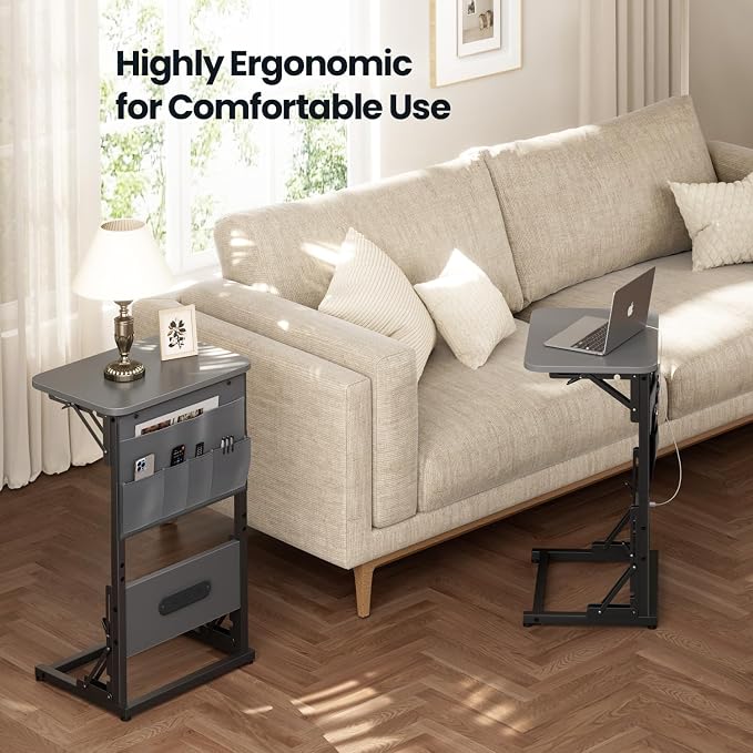 HLDIRECT C Shaped End Table with Charging Station, Couch Side Table with Storage Bag, Foldable TV Tray with 2 USB Ports and Outlets for Living Room, Bedroom, Gray