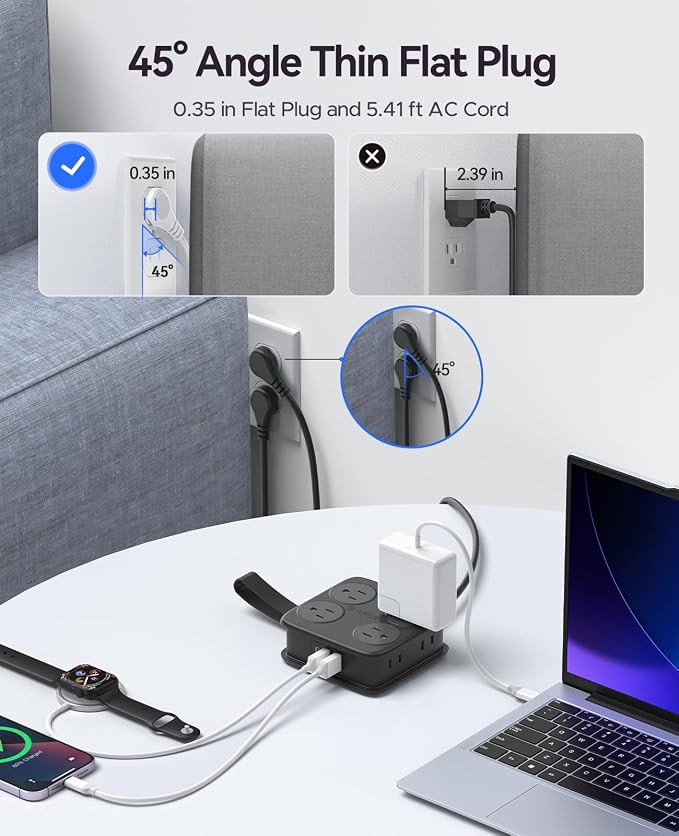 5 Ft Extension Cord with 3 USB Ports, ORICO Power Strip for Desktop, 4 Side Outlet Extender(8 AC) & Flat Plug, 11 in 1 Charging Station for Home/Office/Dorm -AP3 PRO