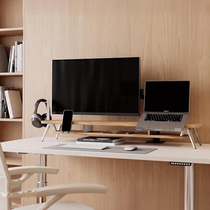 Fenge Dual Monitor Stand, Monitor Riser for 2 Monitors with Adjustable Laptop Riser , 42.5 Inch Desk Shelf for Top of Desk with Phone Holder& Headphone Stand