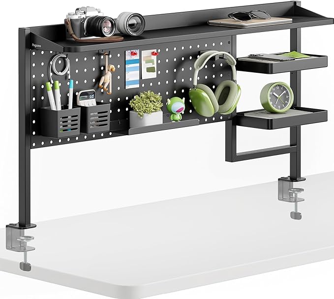 PEGZONE Clamp on Desk Shelf, 44" Desktop Shelving System, Black | with Pegboard and Accessories, Desktop Organizer with 2-Tier Shelf, Desk Pegboard for Office Home Gaming