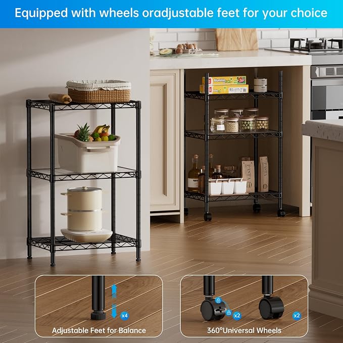 SINGAYE 3 Small Shelves Storage Shelf Wire Shelving Unit Metal Shelf Adjustable Organizers Storage Shelving with Wheels for Bathroom Laundry Room Kitchen Pantry11.6”D x 17.6”W x 30”H Black