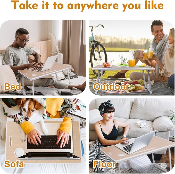 Amaredom Laptop Bed Desk Tray Bed Table, Foldable Portable Lap Desk Notebook Stand Reading Holder with Storage Drawer and Cup Holder for Eating Breakfast on Bed/Couch/Sofa-White Oak
