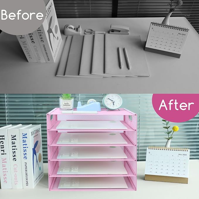 5 Tier Lettrer Tray Organizer, Metal Mesh Desk File Organizer with Sliding Trays, Paper Sorter Desk Organizer for Home Office School, Pink
