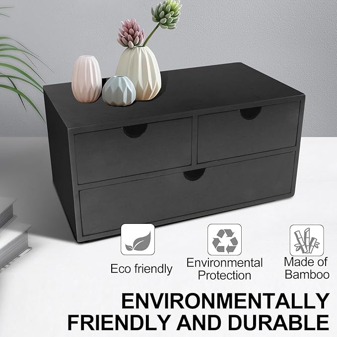Charmewooden desk organizer with drawers countertop drawer organizer Tabletop Storage Organization Box Home Office Workspace Bathroom Toiletries Supplies (black)