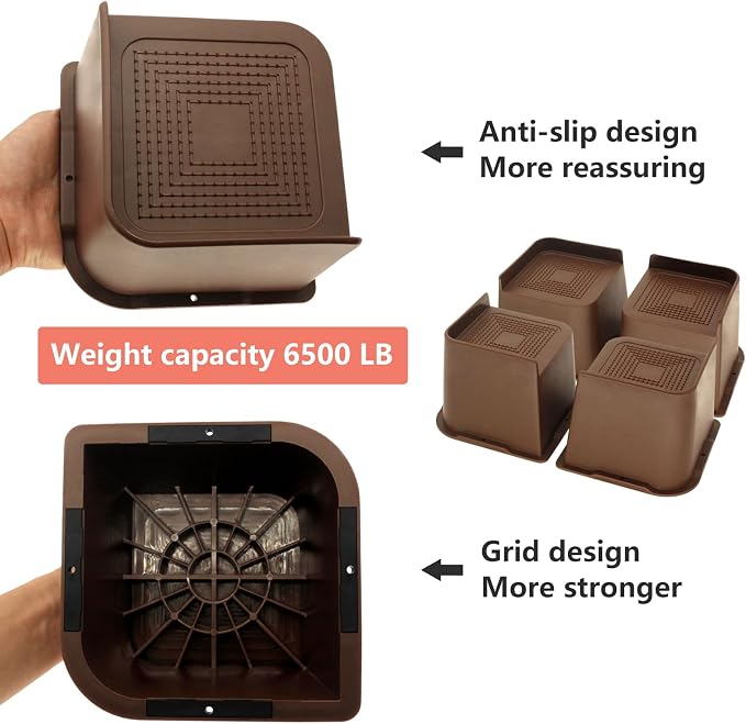 8 Pack Bed Risers 4 inch Heavy Duty Dark Brown, Oversized Furniture Risers, Bed Lifts Risers for Table, Sofa, Chair, Couch, Desk, Bed Frame Risers Supports Up to 6,500 Lbs