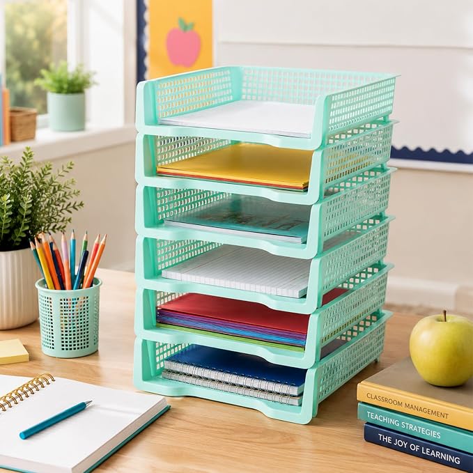 Set of 6 Green Turn in Trays for Teachers Stackable Classroom Paper Letter Trays Plastic Classroom Desk Letter Organizer Tray Storage Baskets for Library, Drawers, Office, Home